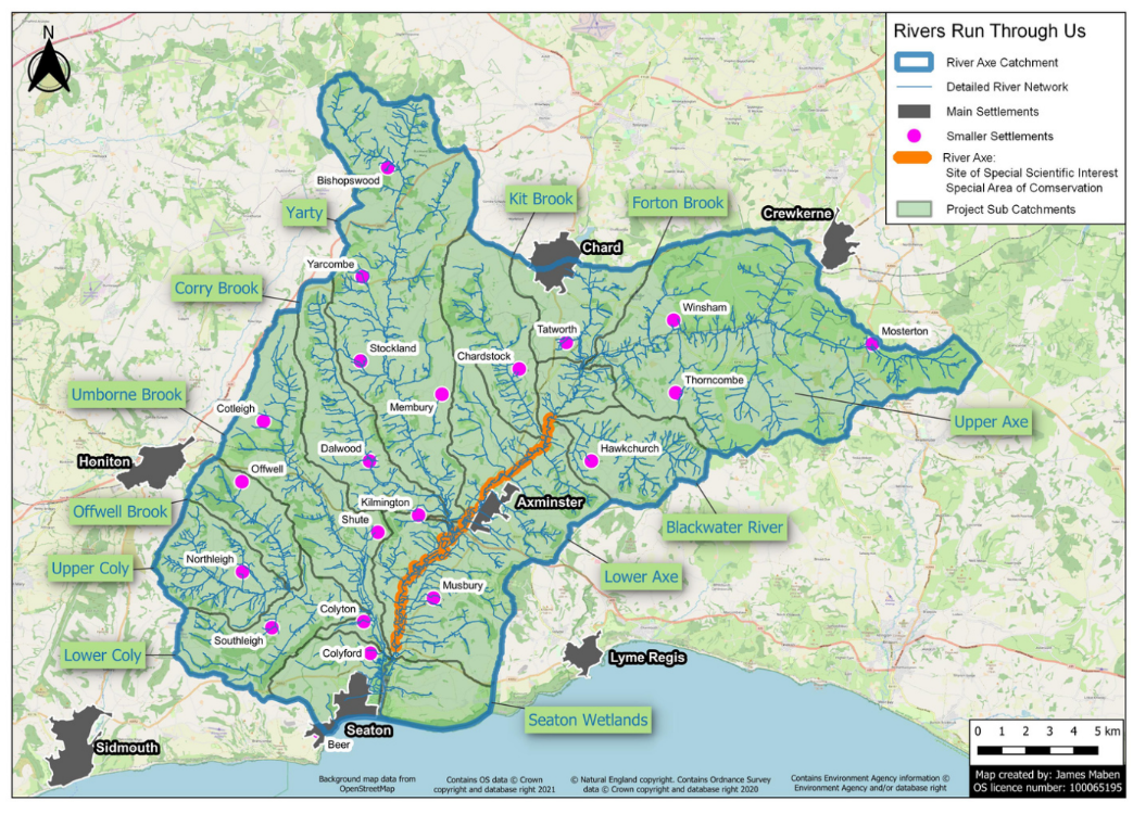 Map of the Riverr Axe catchment and some of the towns, villages and tributaries within it.