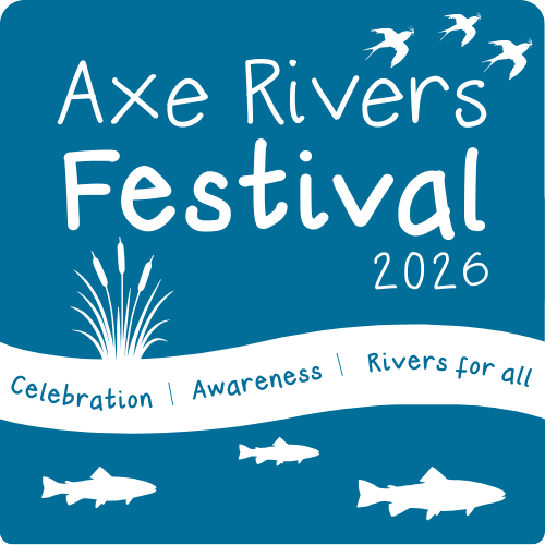 Axe Rivers Festival words with blue background and trout, reed, and bird outlines