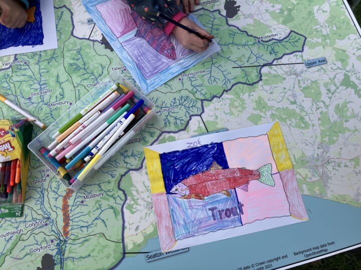 A table with a map, colourful picture of a trout and a child's hand colouring in.